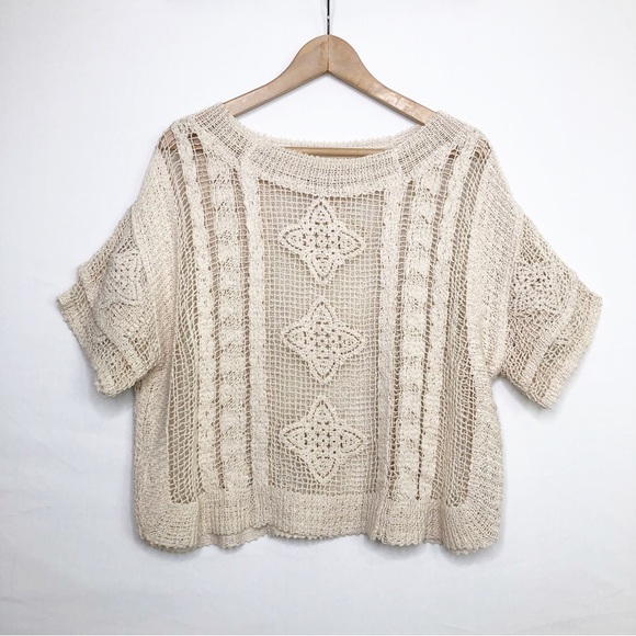 Zara cream open knit crocheted, short sleeve top - Picture 2 of 13